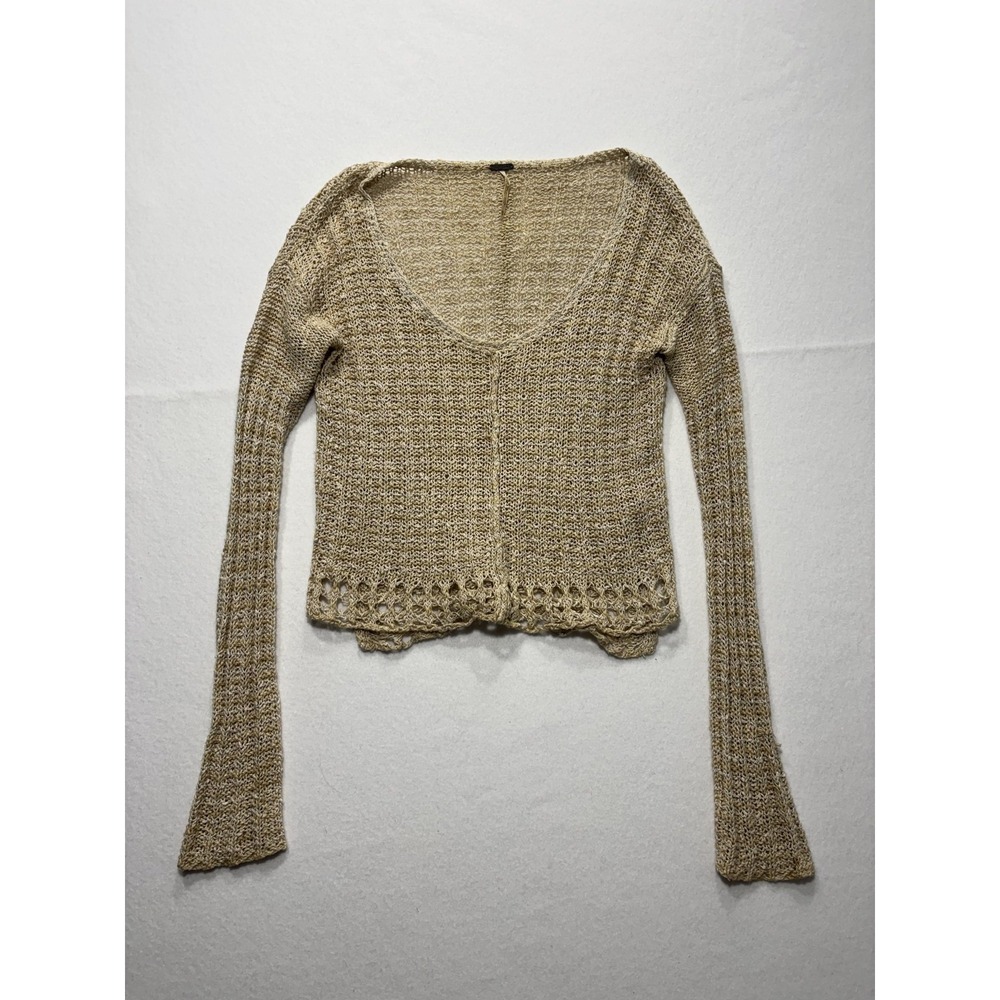 Free People Sweater Womens XS Beige V Neck Long Sleeve Open Knit Crochet Boho